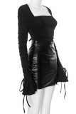 Black Casual Square Neck Long Sleeve Draw String Tops And Slit Leather Mini Skirt Two Pieces Dress Sets