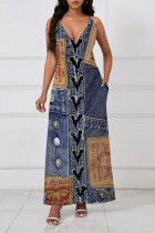 Dark Blue Casual Boho Faux Denim Print Pocket Sleeveless V Neck Long Vacation Maxi Slip Dress
