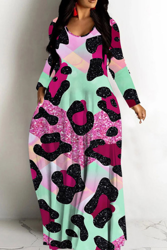 Green Pink Casual Graphcis Print O Neck Long Sleeve Straight Floor Length Vacation Baggy Plus Size Maxi Dress