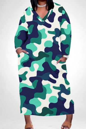 Turquoise Casual African Camouflage Print V Neck Long Sleeve Pokcets Vacation Loose Maxi Dress