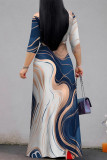 Green Casual Geometric Print V Neck Half Sleeve Strap Floor Length Design Vacation Long A Line Loose Maxi Dresses
