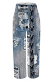 Dark Blue Casual Faux Denim Print Pocket Contrast Loose High Waist Wide Leg Full Print Bottoms