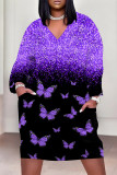 Camouflage Casual Camouflage Butterfly Flowers Print Pocket V Neck Long Sleeve Plus Size Straight Loose Midi T-Shirt Dress