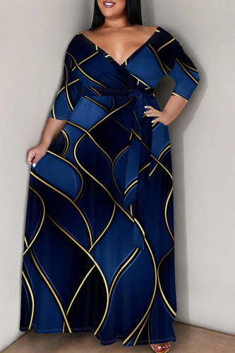 Dark Blue Casual Print Strap Design V Neck Long Sleeve Three Quarter Lace Up Vacation Plus Size Loose Plus Size Maxi Shirt Dresse