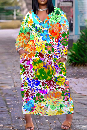 Light Green Casual Floral Print V Neck Long Sleeve Pockets Casual Straight Loose Maxi Dress