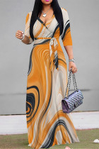 Orange Casual Geometric Print V Neck Half Sleeve Strap Floor Length Design Vacation Long A Line Loose Maxi Dresses