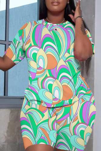 Grass Green Casual Graphics Print O Neck Short Sleeve Oversize T Shirt and Shorts Sportwear Plus Size Two Piece Matching Set