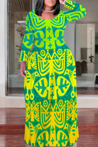 Green Casual Boho National Totem Print Long Sleeve Floor Length Loose Vacation Baggy Maxi Dress