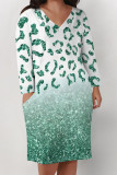 Camouflage Casual Camouflage Butterfly Flowers Print Pocket V Neck Long Sleeve Plus Size Straight Loose Midi T-Shirt Dress