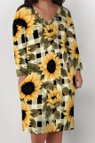 Camouflage Casual Camouflage Butterfly Flowers Print Pocket V Neck Long Sleeve Plus Size Straight Loose Midi T-Shirt Dress