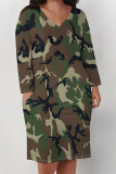 Camouflage Casual Camouflage Butterfly Flowers Print Pocket V Neck Long Sleeve Plus Size Straight Loose Midi T-Shirt Dress