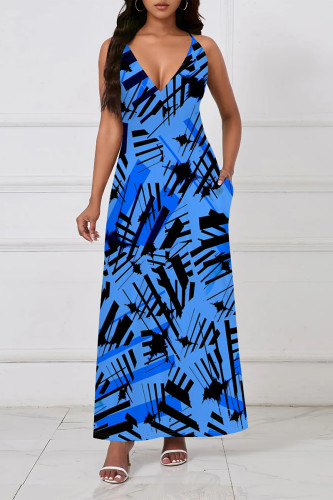 Blue Casual Boho Floral Print Pocket Sleeveless V Neck Long Vacation Maxi Slip Dress