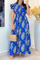 Blue Casual Sleeveless Leaf Print Ruffle Trim Lace Up Long Vacation A Line Maxi Dresses