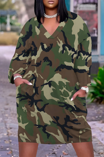 Camouflage Casual Camouflage Butterfly Flowers Print Pocket V Neck Long Sleeve Plus Size Straight Loose Midi T-Shirt Dress