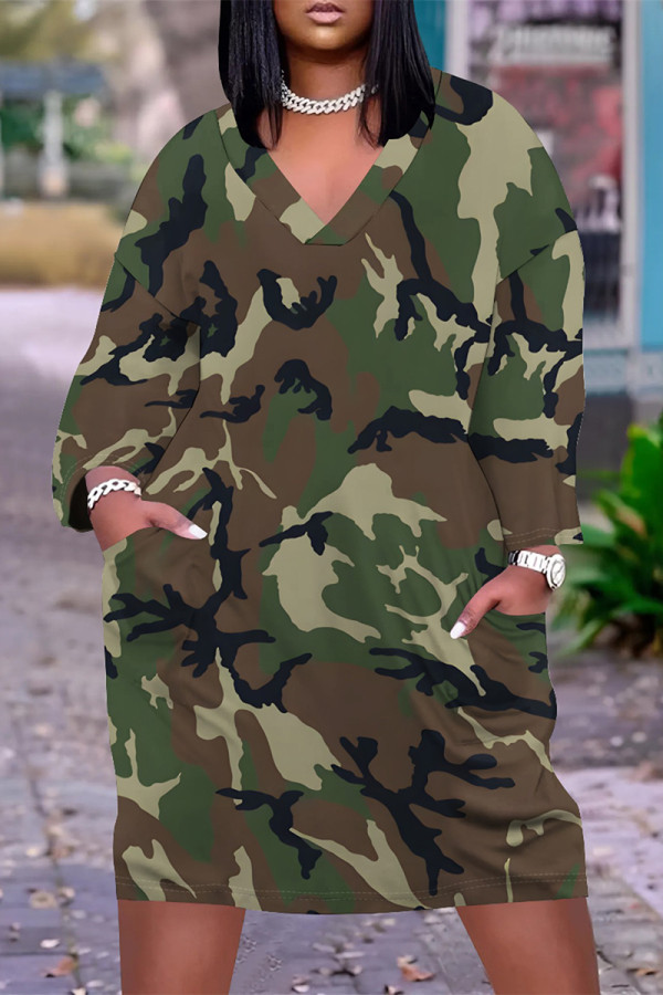 Camouflage Casual Camouflage Butterfly Flowers Print Pocket V Neck Long Sleeve Plus Size Straight Loose Midi T-Shirt Dress