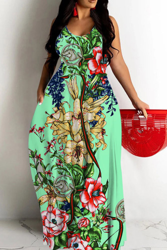 Green Floral Print Backless Spaghetti Strap Floor Length Vacation Baggy Sundress Slip Maxi Dress