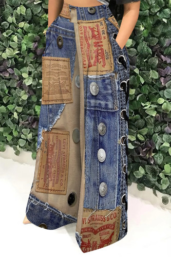 Multicolor Casual Faux Denim Print Pocket Contrast Loose High Waist Wide Leg Full Print Bottoms