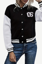 Black Casual Letters Print Long Sleeve V Neck Buckle Varsity Jackets
