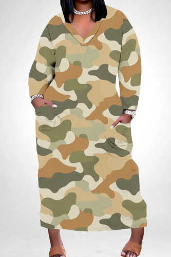 Khaki Casual African Camouflage Print V Neck Long Sleeve Pokcets Vacation Loose Maxi Dress