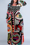 Black Yellow Casual Boho National Totem Print Long Sleeve Floor Length Loose Vacation Baggy Maxi Dress