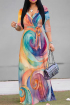 Colour Casual Geometric Print V Neck Half Sleeve Strap Floor Length Design Vacation Long A Line Loose Maxi Dresses