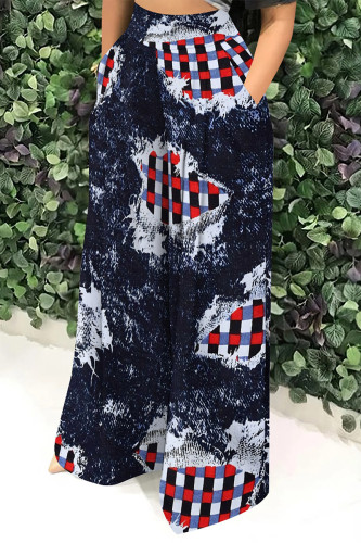 Dark Blue Casual Faux Denim Print Pocket Contrast Loose High Waist Wide Leg Full Print Bottoms