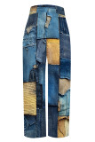 Dark Blue Casual Faux Denim Print Pocket Contrast Loose High Waist Wide Leg Full Print Bottoms