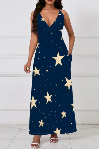 Tibetan Blue Casual Graphics Print Sleeveless V Neck Pocket Long Maxi Slip Dresses