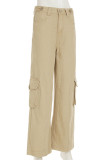 Khaki Casual Pocket Buttons Zipper Loose Low Waist Wide Leg Cargo Denim Pants