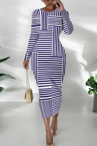 White Purple Daily Graphics Print O Neck Long Sleeve Wrapped Skirt Bodycon Midi Dresses