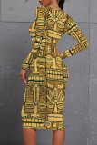 Golden Yellow Casual Boho National Totem Print O Neck Long Sleeve Bodycon Midi Dresses