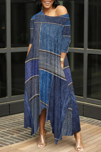 Navy Casual Faux Denim Print O Neck 3/4 Sleeve Irregular Hem Pocket Straight Loose Maxi Dress
