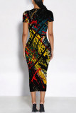 Multicolor Geometric Flowers Gradient Print O Neck Short Sleeve Bodycon Midi T-shirt Dress