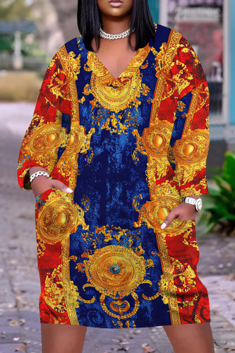 Tibetan Blue Graphics Print V Neck Long Sleeve Pockets Casual Straight Loose Midi Dress