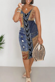 Medium Blue Faux Denim Print Sleeveless V Neck Bodycon Midi Slip Dresses