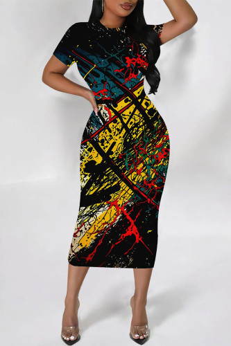 Black Geometric Flowers Gradient Print O Neck Short Sleeve Bodycon Midi T-shirt Dress