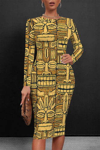 Golden Yellow Casual Boho National Totem Print O Neck Long Sleeve Bodycon Midi Dresses