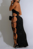 Black Sequins Backless Sleeveles Lace Up Hollow Out Belted Long Formal Evening Party Halter Bodycon Maxi Dress