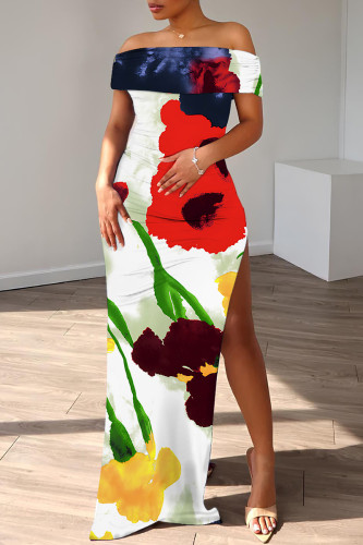 White Red Floral Print Off Shoulder Long Flutter Sleeve Mermaid Hem Side Slit Vacation Boho Style Maxi Dresses