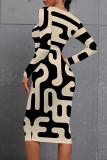 Golden Yellow Casual Boho National Totem Print O Neck Long Sleeve Bodycon Midi Dresses