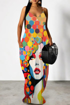 Colour Geometric Print Backless V Neck Spaghetti Strap Floor Length Vacation Baggy Sundress Slip Maxi Dress