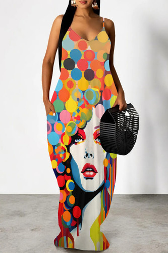 Colour Geometric Print Backless V Neck Spaghetti Strap Floor Length Vacation Baggy Sundress Slip Maxi Dress