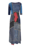 Baby Blue Casual Faux Denim Print O Neck 3/4 Sleeve Irregular Hem Pocket Straight Loose Maxi Dress