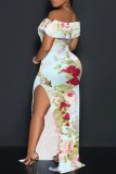 Baby Blue Floral Print Off Shoulder Long Flutter Sleeve Mermaid Hem Side Slit Vacation Boho Style Maxi Dresses