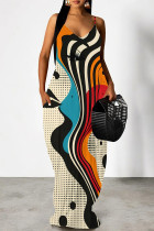 Beige Geometric Print Backless V Neck Spaghetti Strap Floor Length Vacation Baggy Sundress Slip Maxi Dress