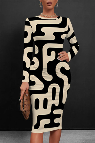 Black khaki Casual Boho National Totem Print O Neck Long Sleeve Bodycon Midi Dresses