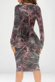 Lady Grey Casual Geometric Print V Neck Long Sleeve Bodycon Maxi Dresses