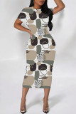Multicolor Geometric Flowers Gradient Print O Neck Short Sleeve Bodycon Midi T-shirt Dress