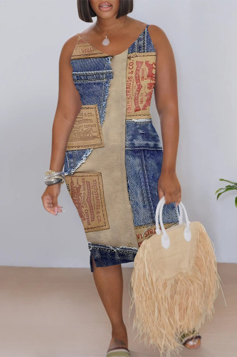 Blue Coffee Faux Denim Print Sleeveless V Neck Bodycon Midi Slip Dresses