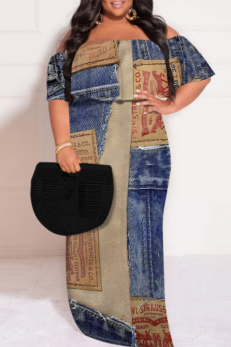 Blue Coffee Casual Faux Denim Print Off Shoulder Flutter Sleeve Long Loose Vacation Plus Size Maxi Dresses